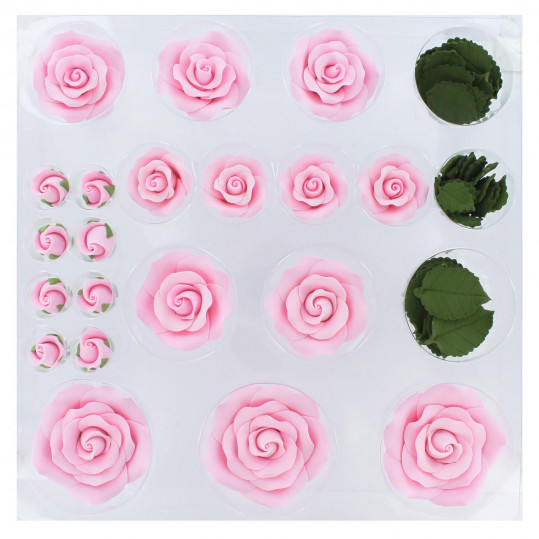 Global Sugar Art Edible Exquisite Rose & Leaf Tray Sugar Cake Flowers, Pink Unwired by Chef Alan Tetreault