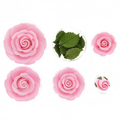 Global Sugar Art Exquisite Rose & Leaf Tray Sugar Cake Flowers, Pink Unwired, 5 Count by Chef Alan Tetreault