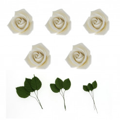 Global Sugar Art Peace Rose White Sugar Cake Flowers 5 Count with Leaves by Chef Alan Tetreault